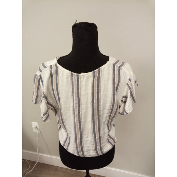 Juniors Sim and Sam Button Down Striped Tie Waist Crop Top Size Large - Picture 3 of 6